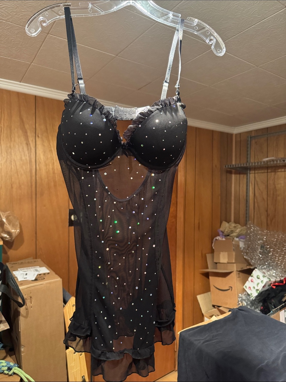 Sheer Black Shiny-Embellished Babydoll Chemise